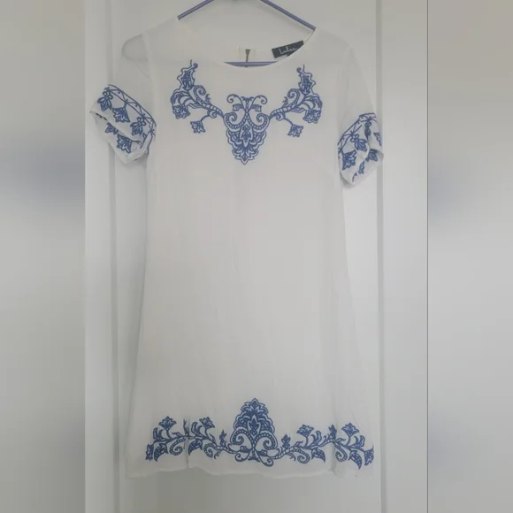 LuLus | Tale to Tell Blue and Ivory Embroidered Shift Dress, Small - Picture 2 of 4